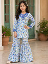Blue Floral Print Lawn Kurti with Gharara