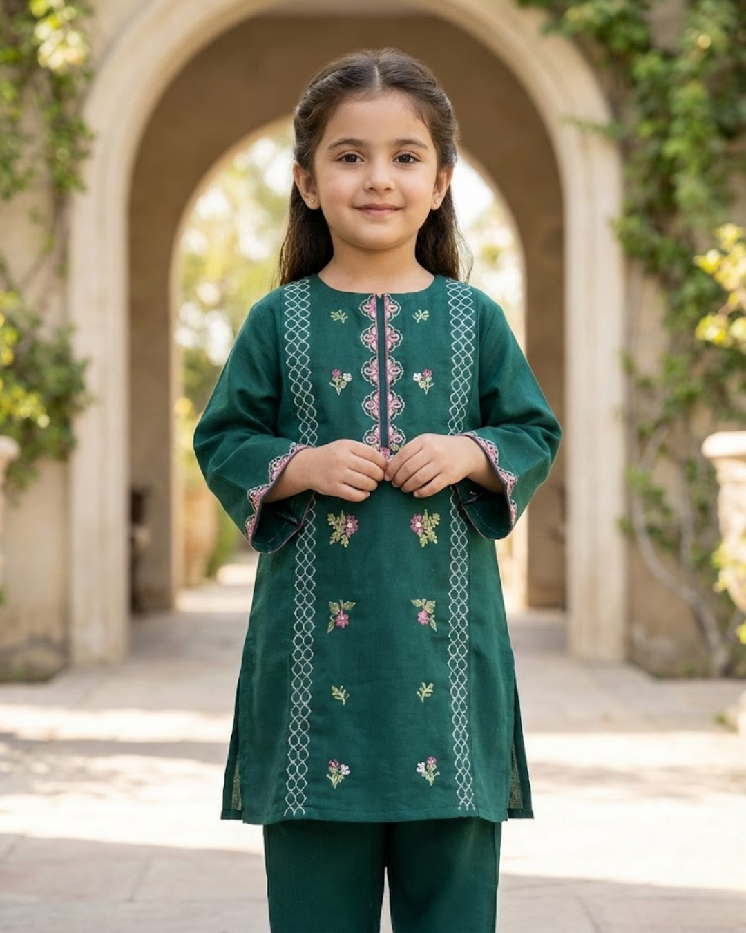 Girls Embroidered Jacquard Lawn Suit - Teal Green | Eid Collection
