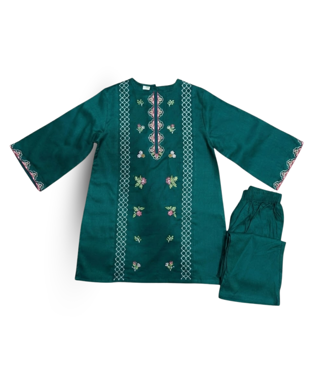 Girls Embroidered Jacquard Lawn Suit - Teal Green | Eid Collection