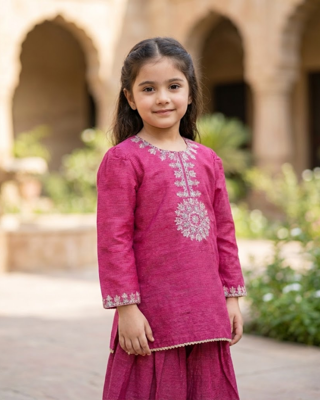 Girls Embroidered Masoori Lawn Suit - Magenta Pink | Eid Collection