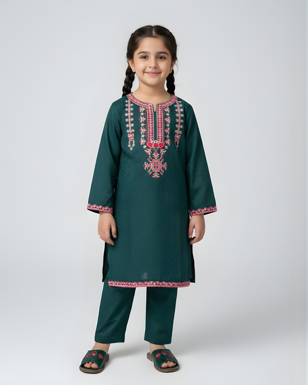 Green Embroidered Lawn Suit for Girls | Eid Collection