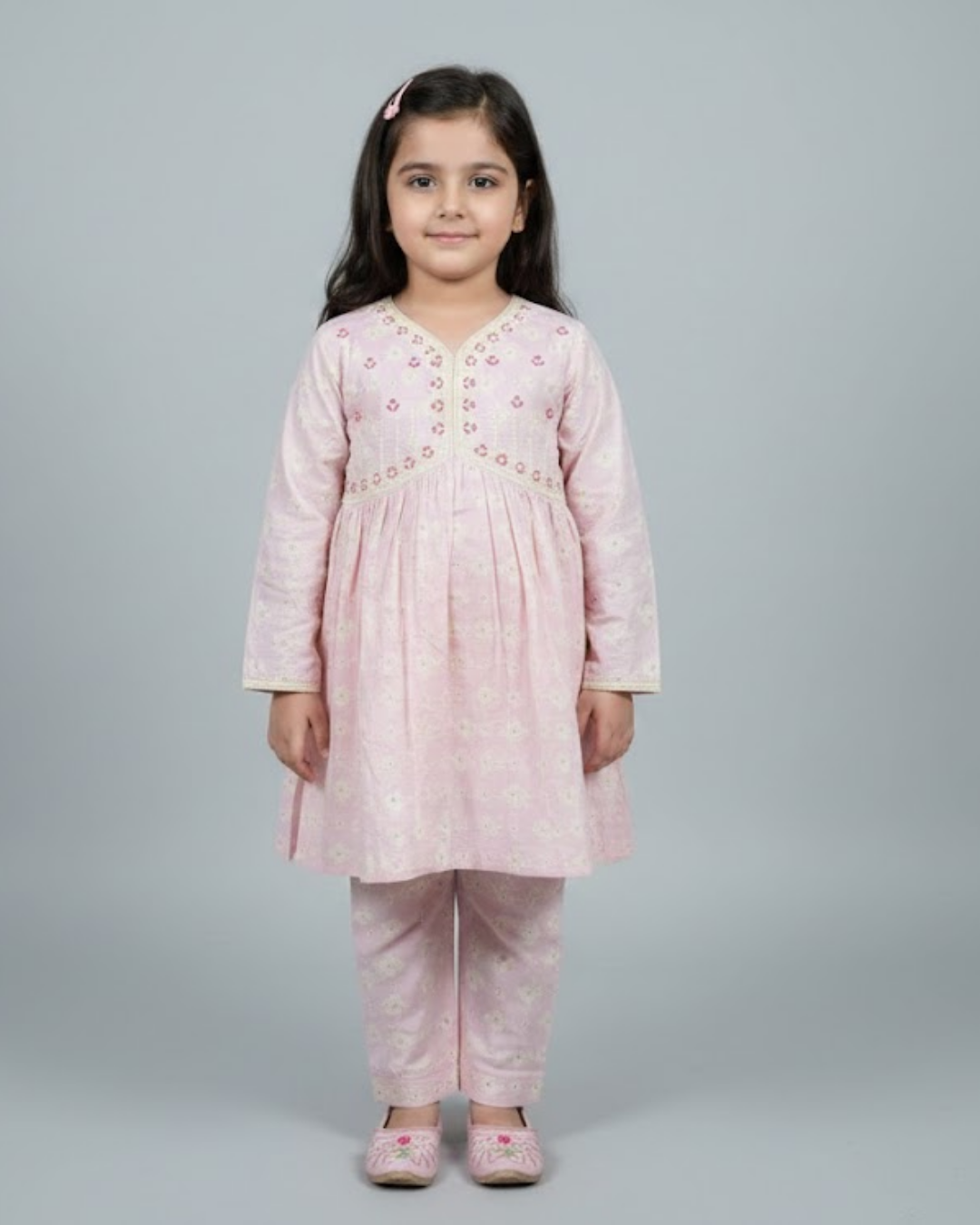 Light Pink Embroidered Lawn Frock for Girls | Eid Collection