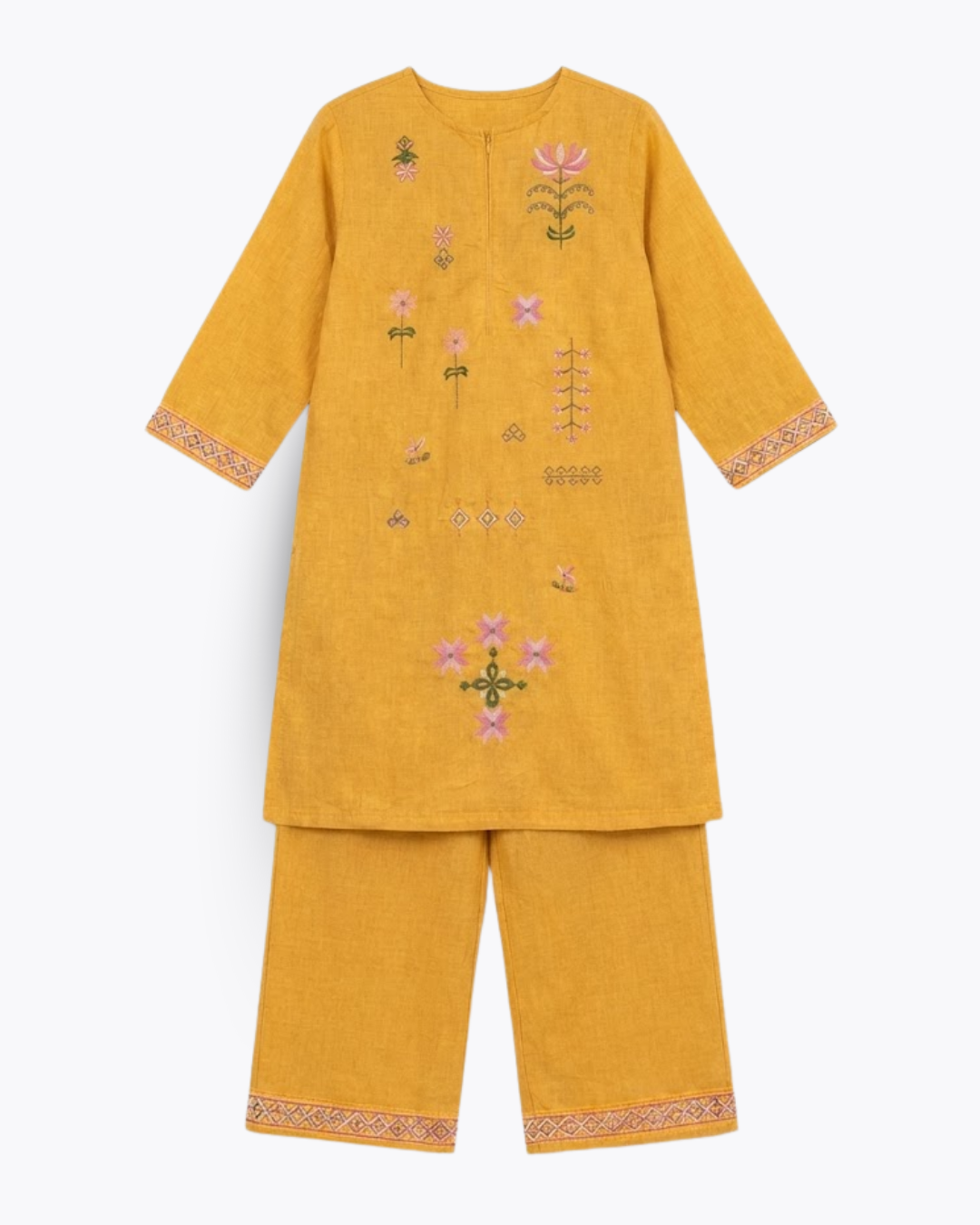 Mustard Yellow Floral Embroidered Lawn Suit for Girls | Eid Collection
