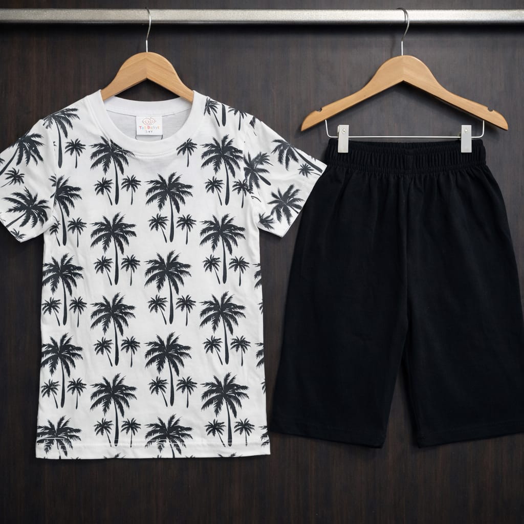 Tropical Palms Boys Outfit Set | White Palm Print T-Shirt & Black Short