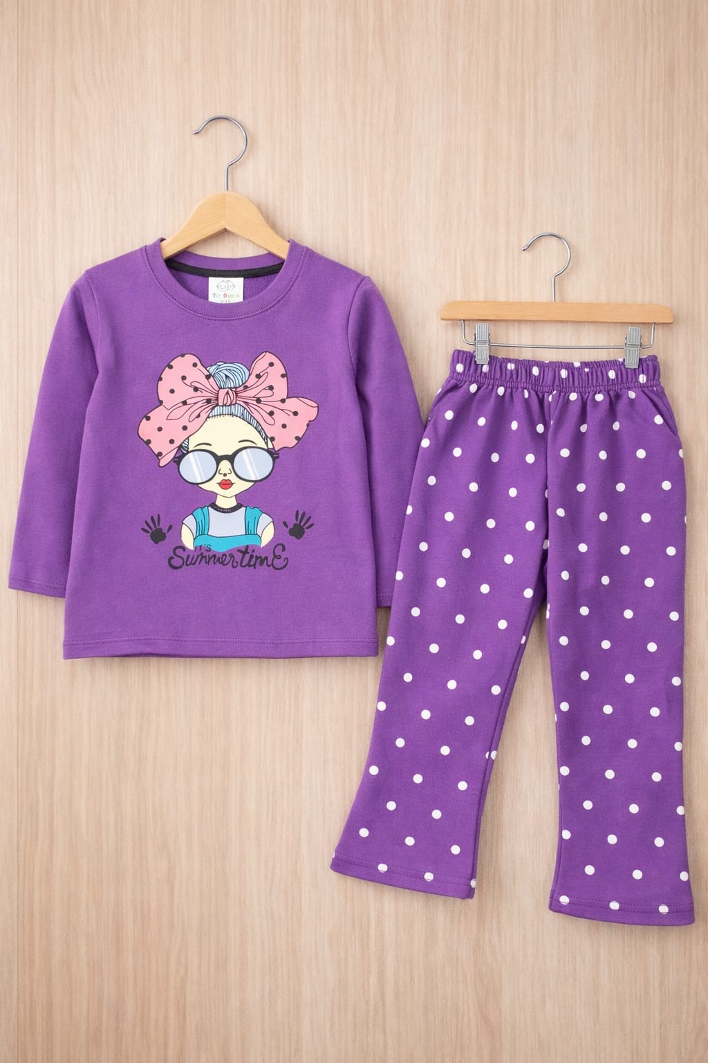 Summertime Girls Tracksuit Set | Purple Polka Dot Long Sleeve Top & Flared Pants