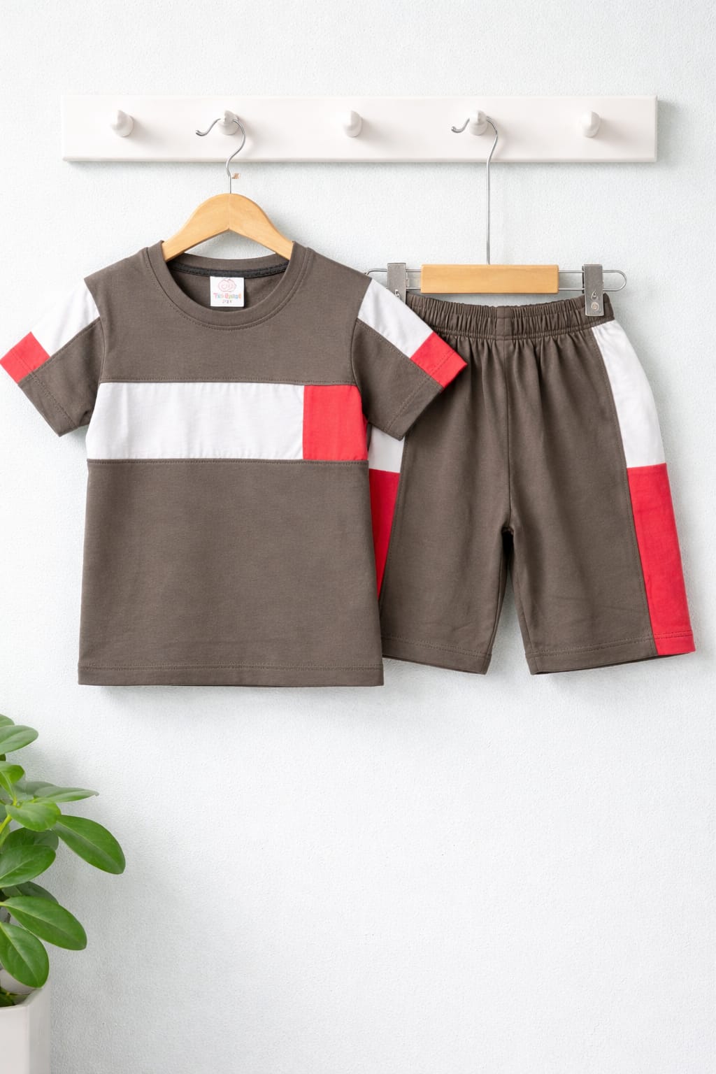 Color block Boys Outfit Set | Grey, White & Coral T-Shirt & Shorts