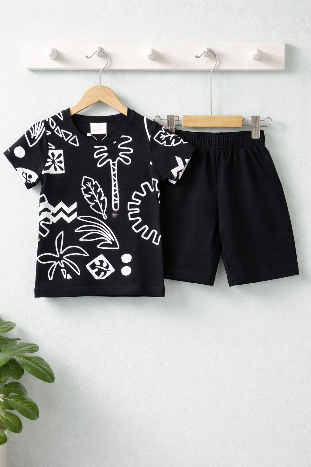 Tropical Art Boys Outfit Set | Black & White Print T-Shirt & Shorts