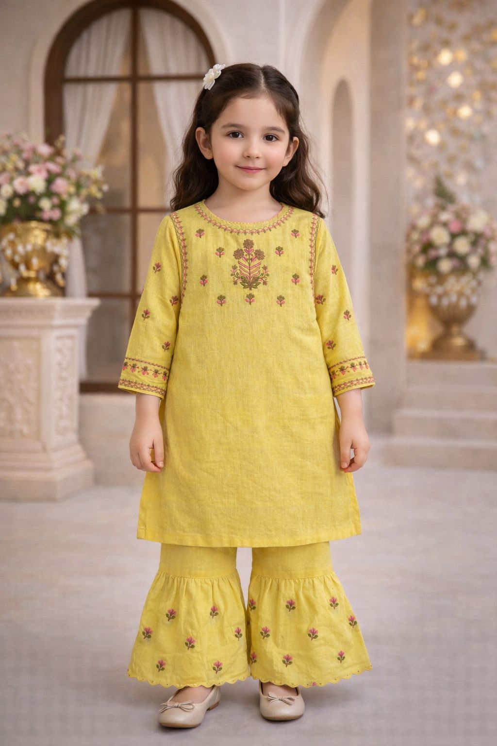 Girls Embroidered Lawn Suit - Yellow with Gharara | Eid Collection