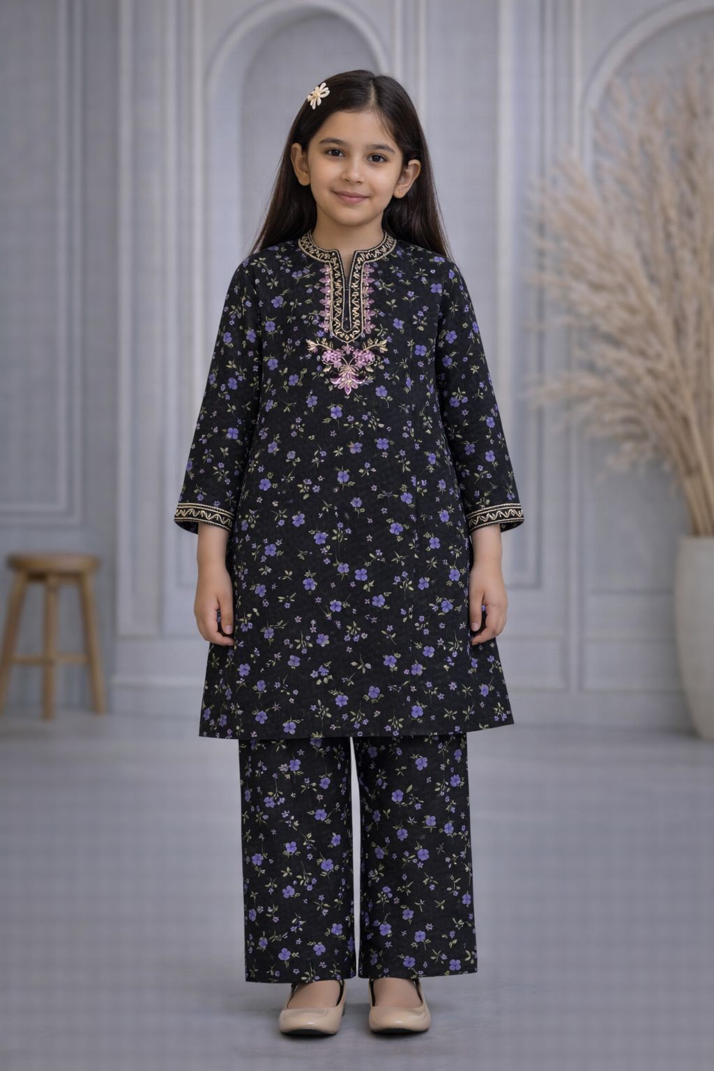 Black Floral Embroidered Lawn Suit for Girls | Eid Collection