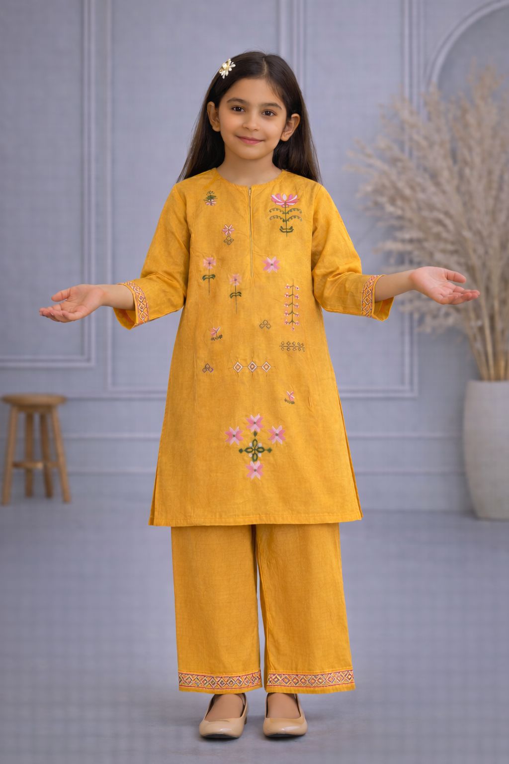 Mustard Yellow Floral Embroidered Lawn Suit for Girls | Eid Collection