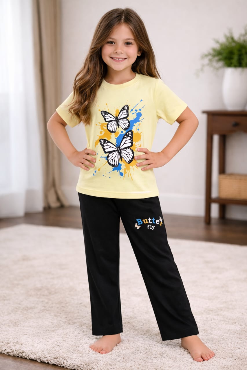 Girls Butterfly T-Shirt & Pants Set | Yellow & Black Summer Outfit