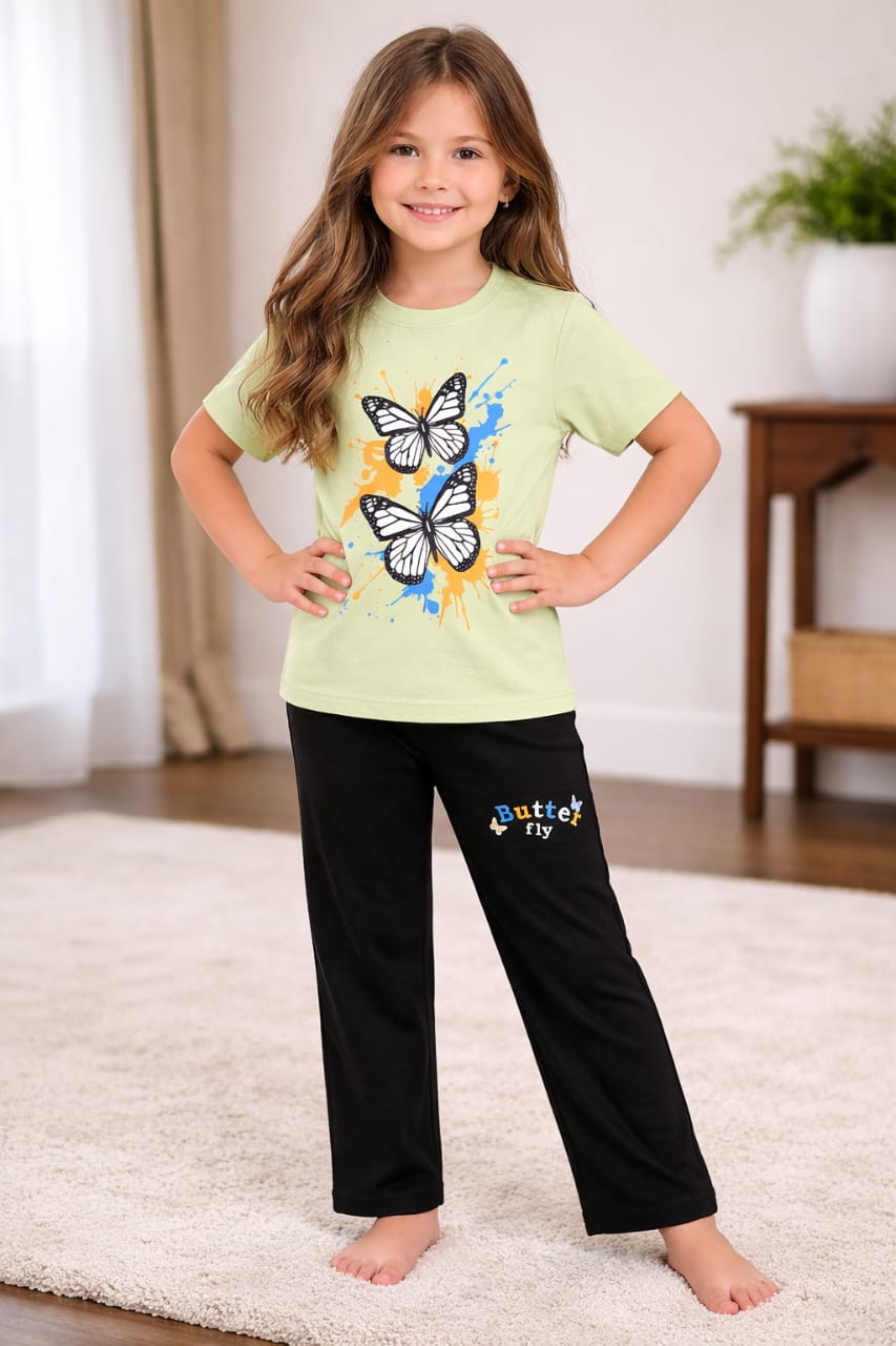 Girls Butterfly T-Shirt & Pants Set | Light Green & Black Summer Outfit