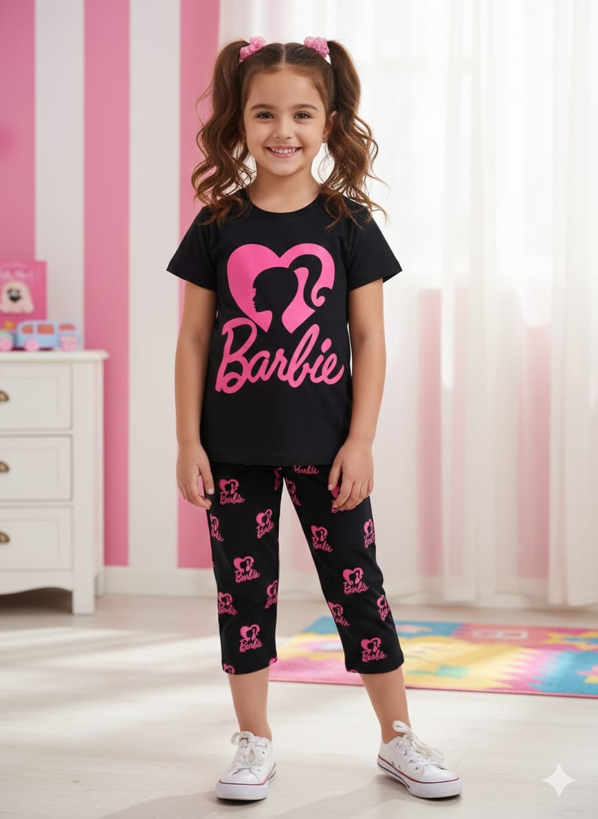 Girls Barbie T-Shirt & Capri Set | Black & Pink Licensed Outfit