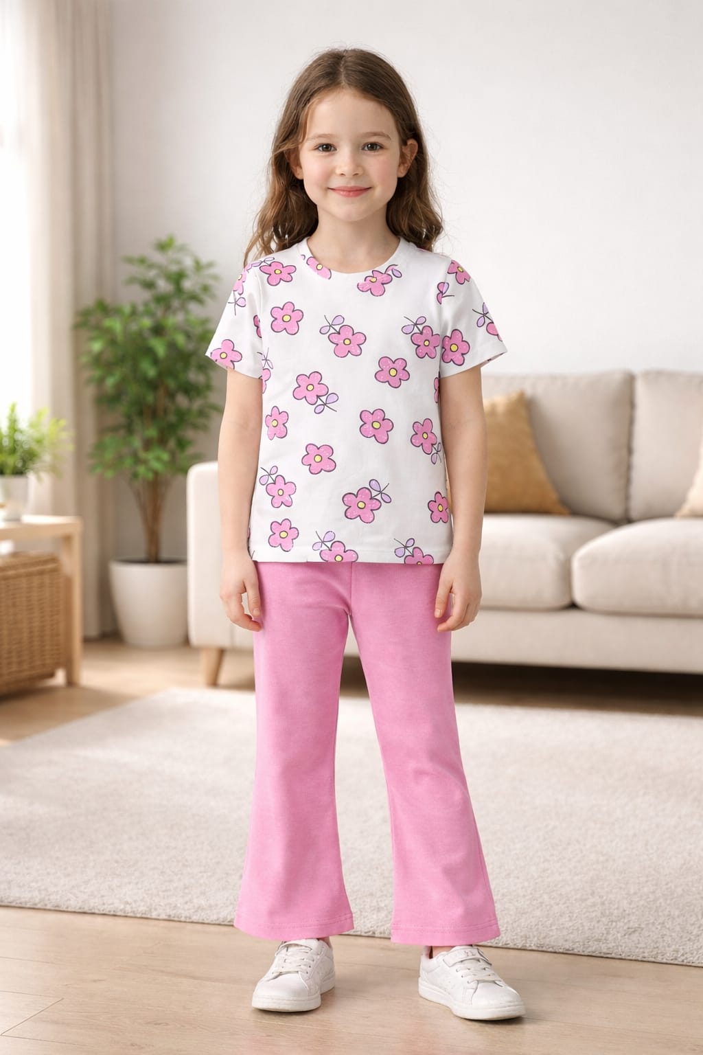 Girls Pink Flower T-Shirt & Flared Pants Set | White & Pink Spring Outfit