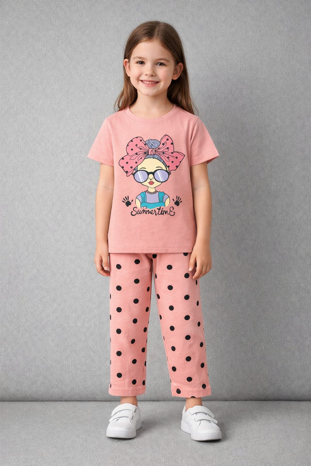 Girls Summertime T-Shirt & Polka Dot Pants Set | Pink Graphic Outfit