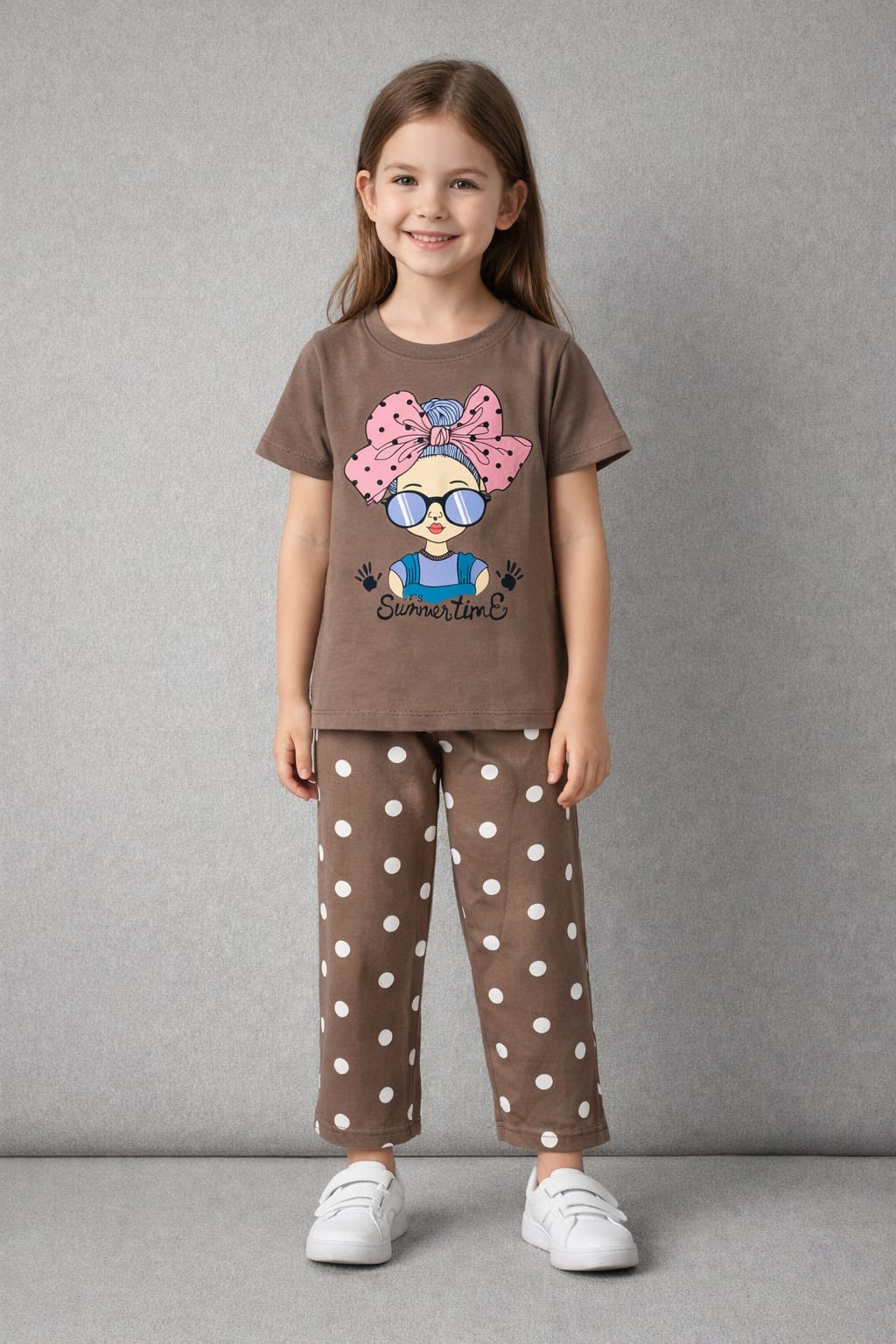 Girls Summertime T-Shirt & Polka Dot Pants Set | Brown Graphic Outfit