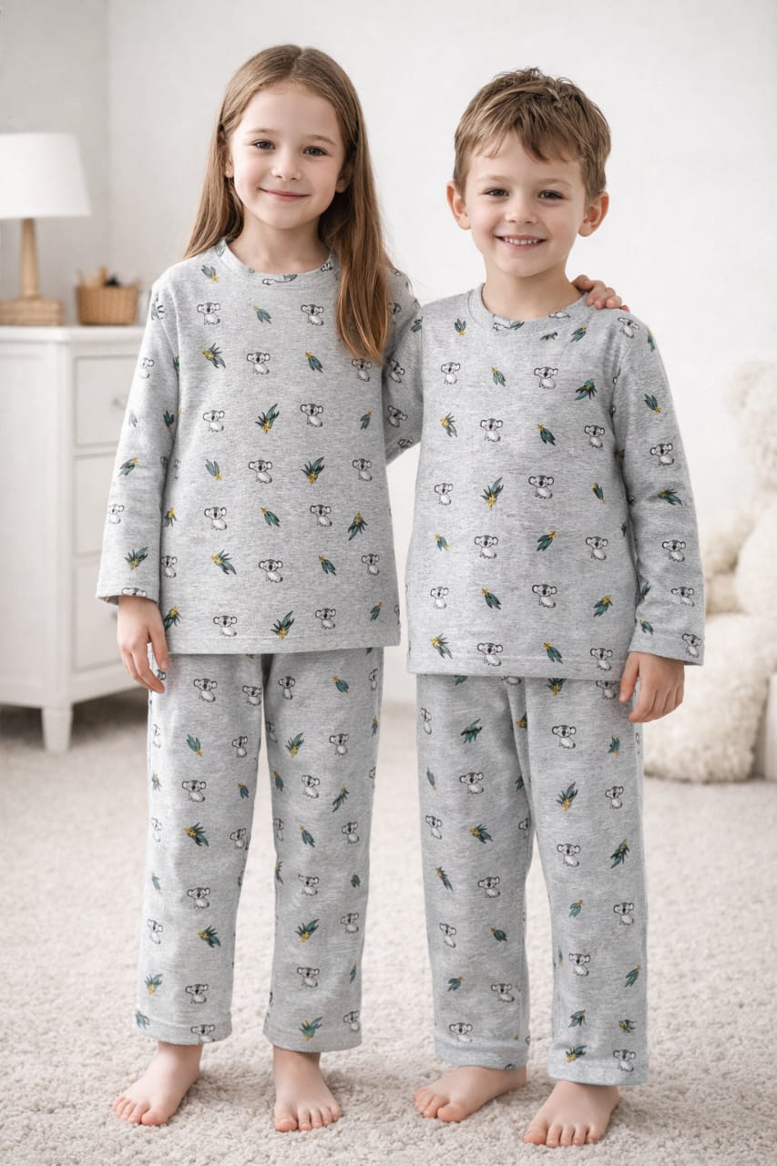 Kids Koala Print Pajama Set | Gray Long Sleeve Sleepwear