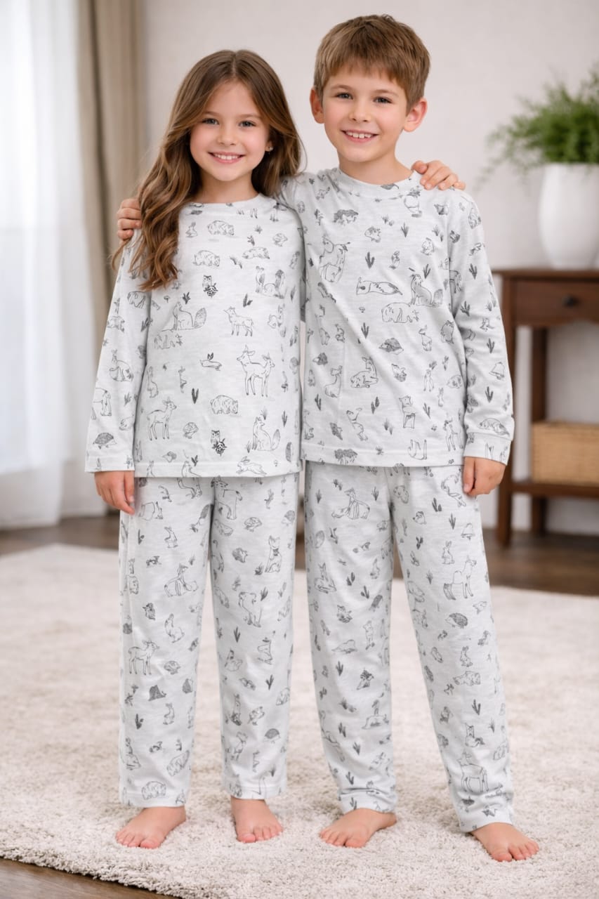 Kids Safari Animals Pajama Set | White Long Sleeve Sleepwear
