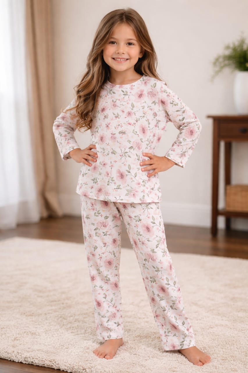 Girls White Floral Pajama Set | Pink Flower Long Sleeve Sleepwear