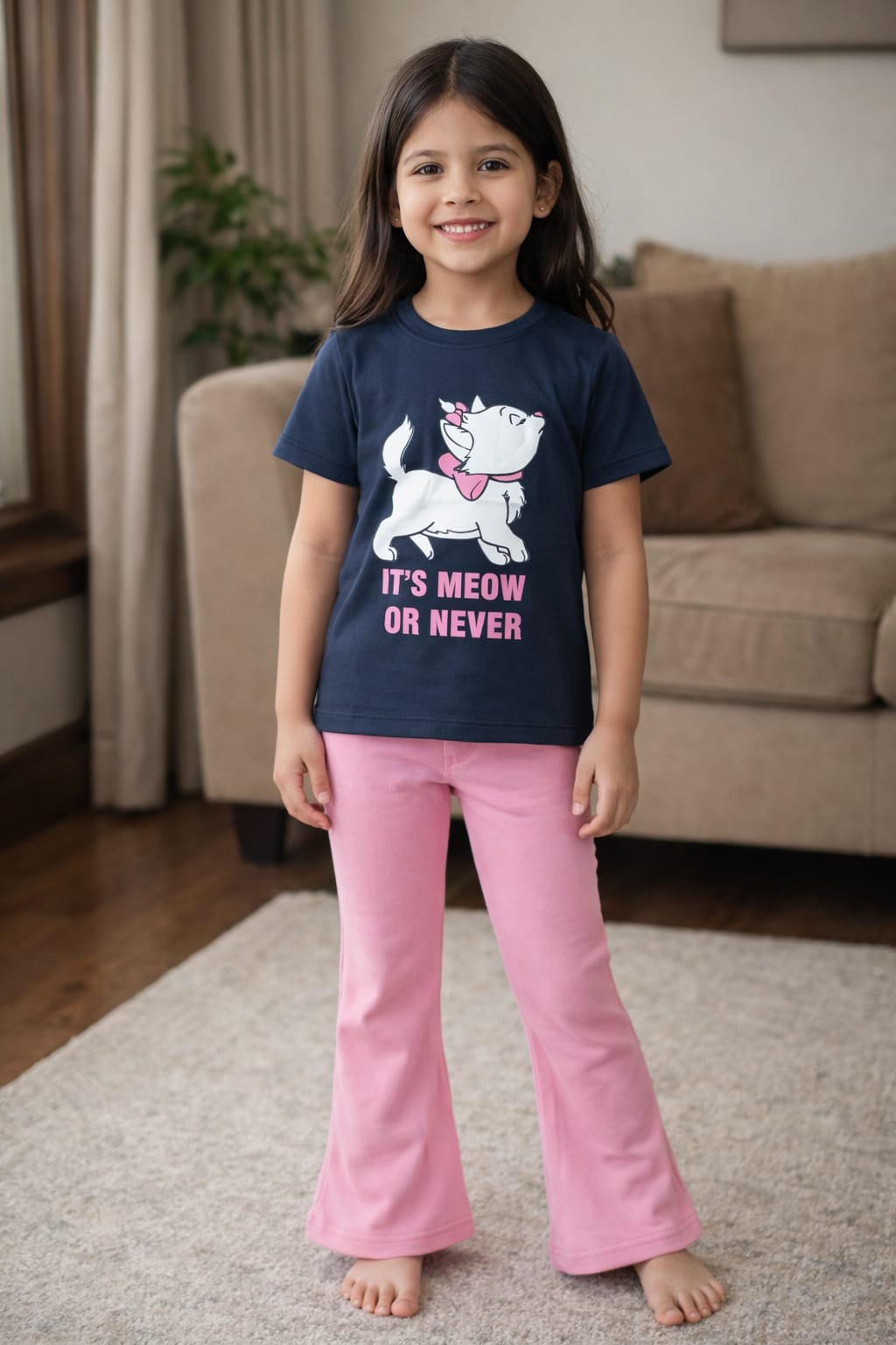 It's Meow or Never Top & Pink Flared Pants | Navy Blue Half Sleeve Top & Trouser