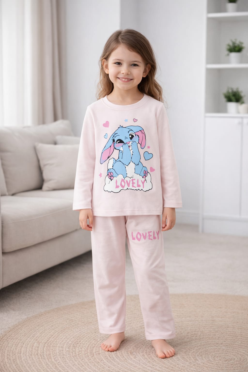 Girls Lovely Bunny Pajama Set | Soft Pink Long Sleeve Sleepwear