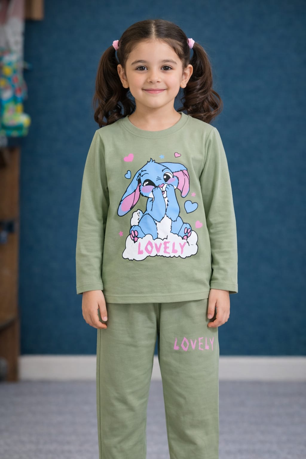 Girls Lovely Bunny Pajama Set | Sage Green Long Sleeve Sleepwear
