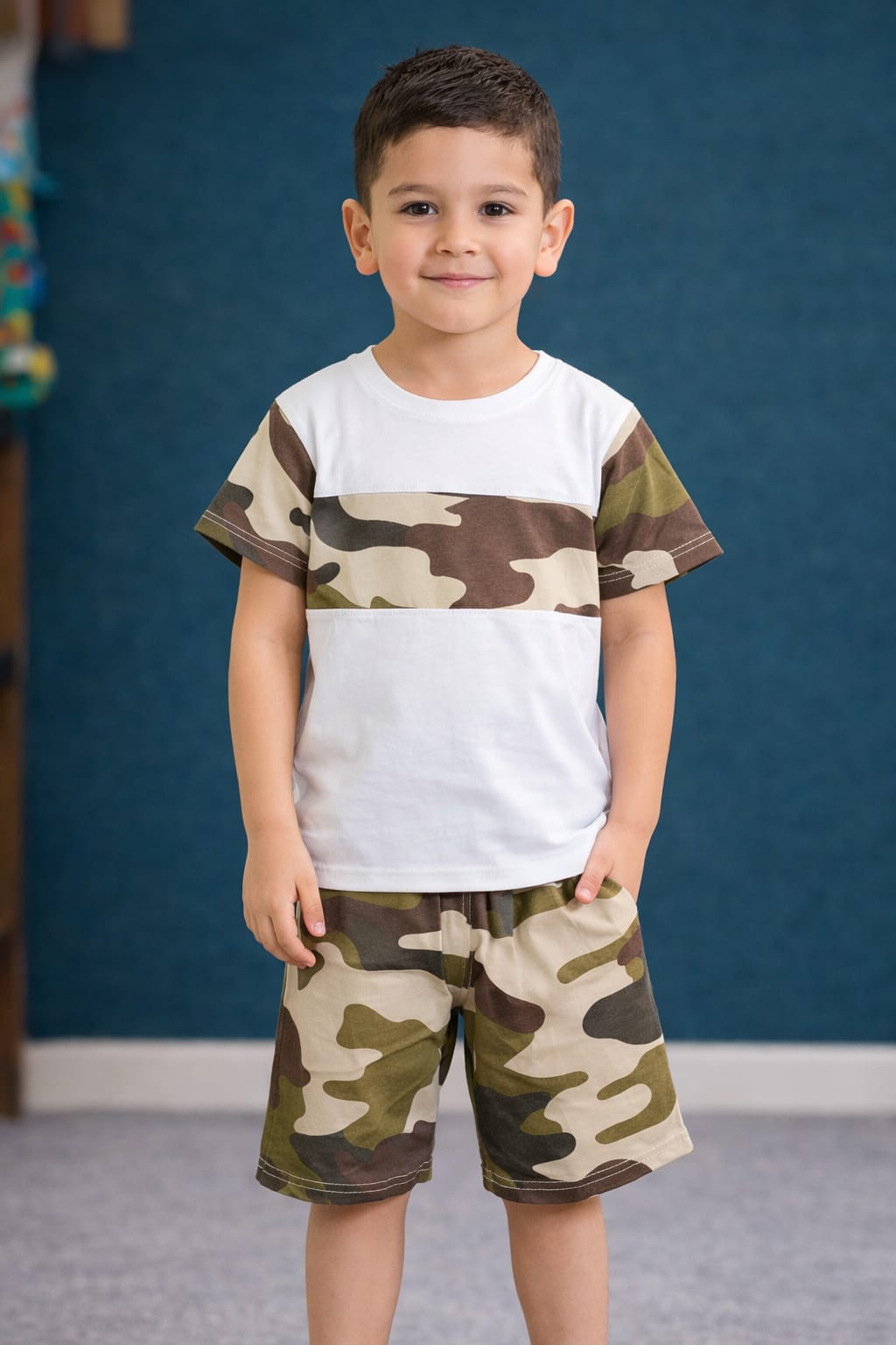 Boys Camo T-Shirt & Shorts Set | White & Camouflage Summer Outfit