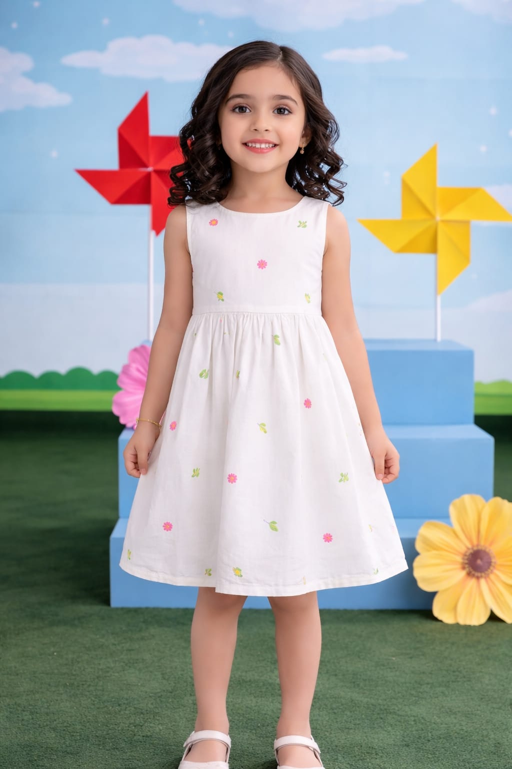 Girls White Floral Embroidered Frock - Sleeveless Summer Dress | Eid Collection