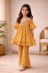 Mustard Floral Embroidered Frock & Palazzo - Lawn Suit for Girls | Eid Collection