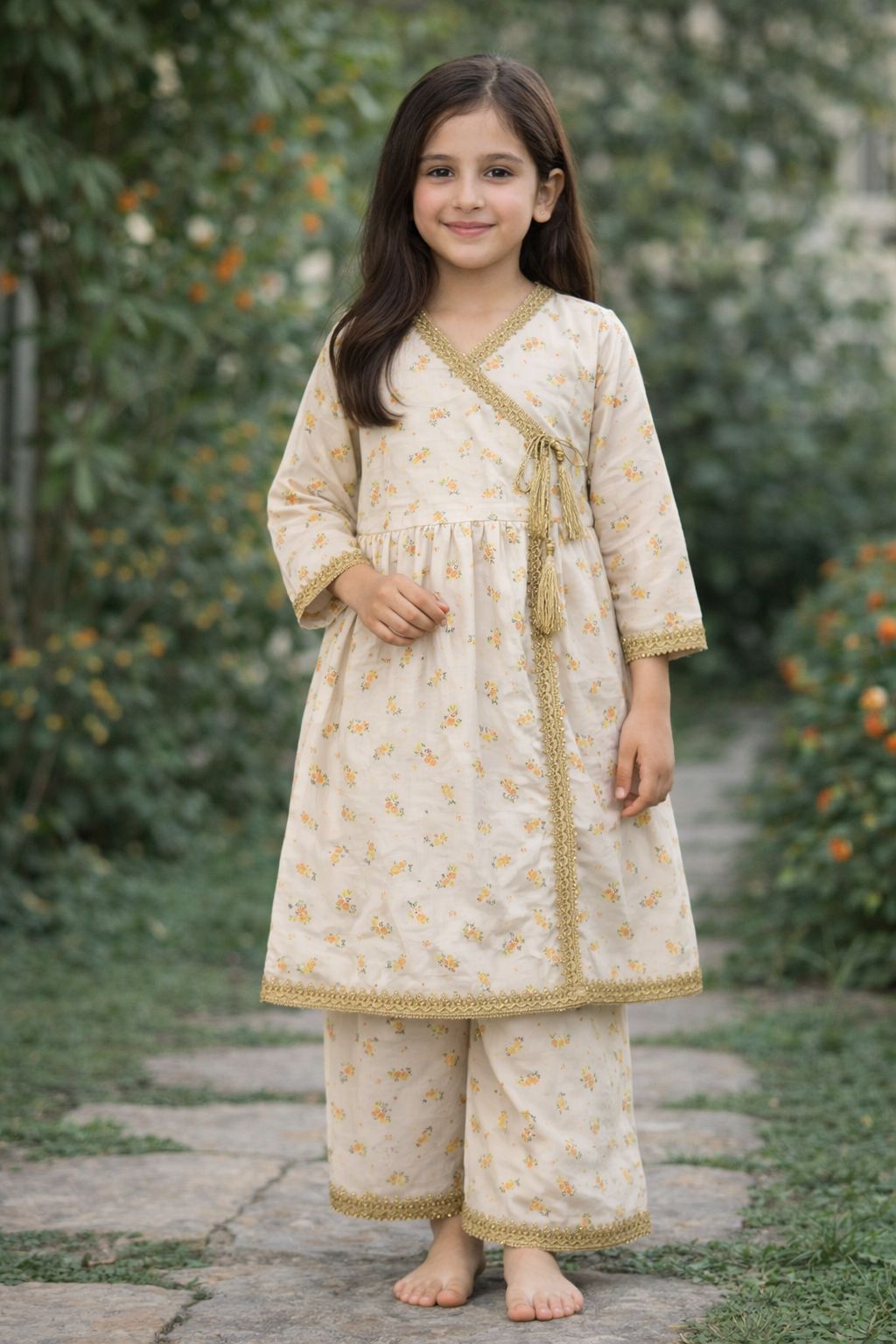 Angrakha Style Frock Suit - Gold Embroidery | Eid Collection
