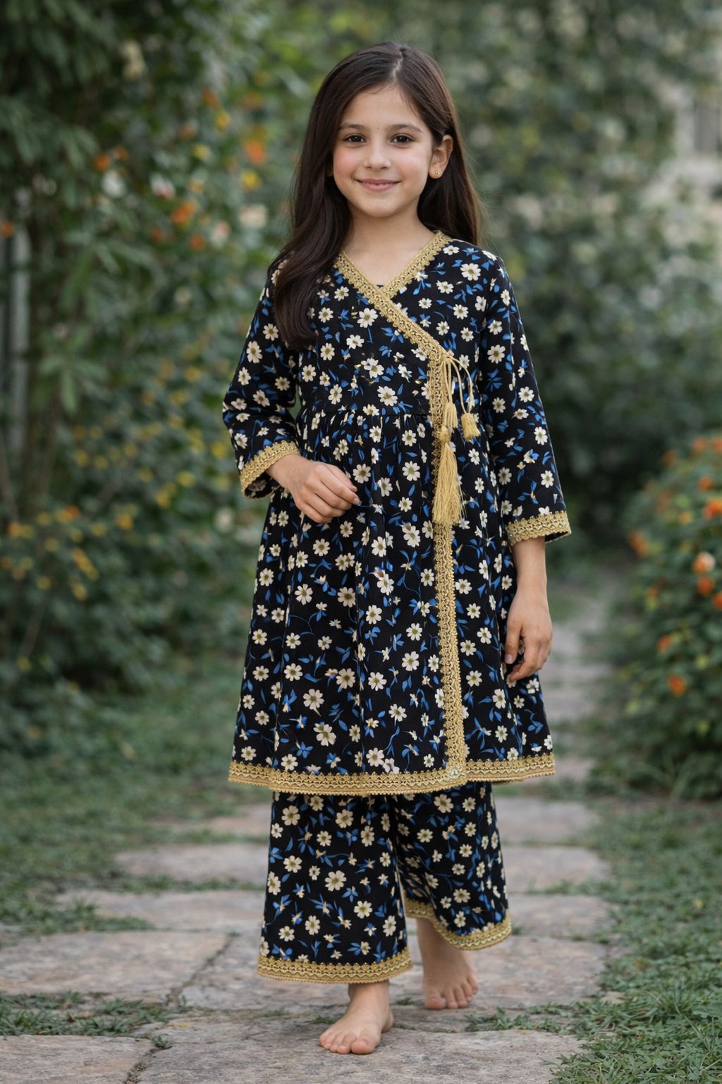 Angrakha Style Black Floral Frock Suit - Gold Embroidery | Eid Collection