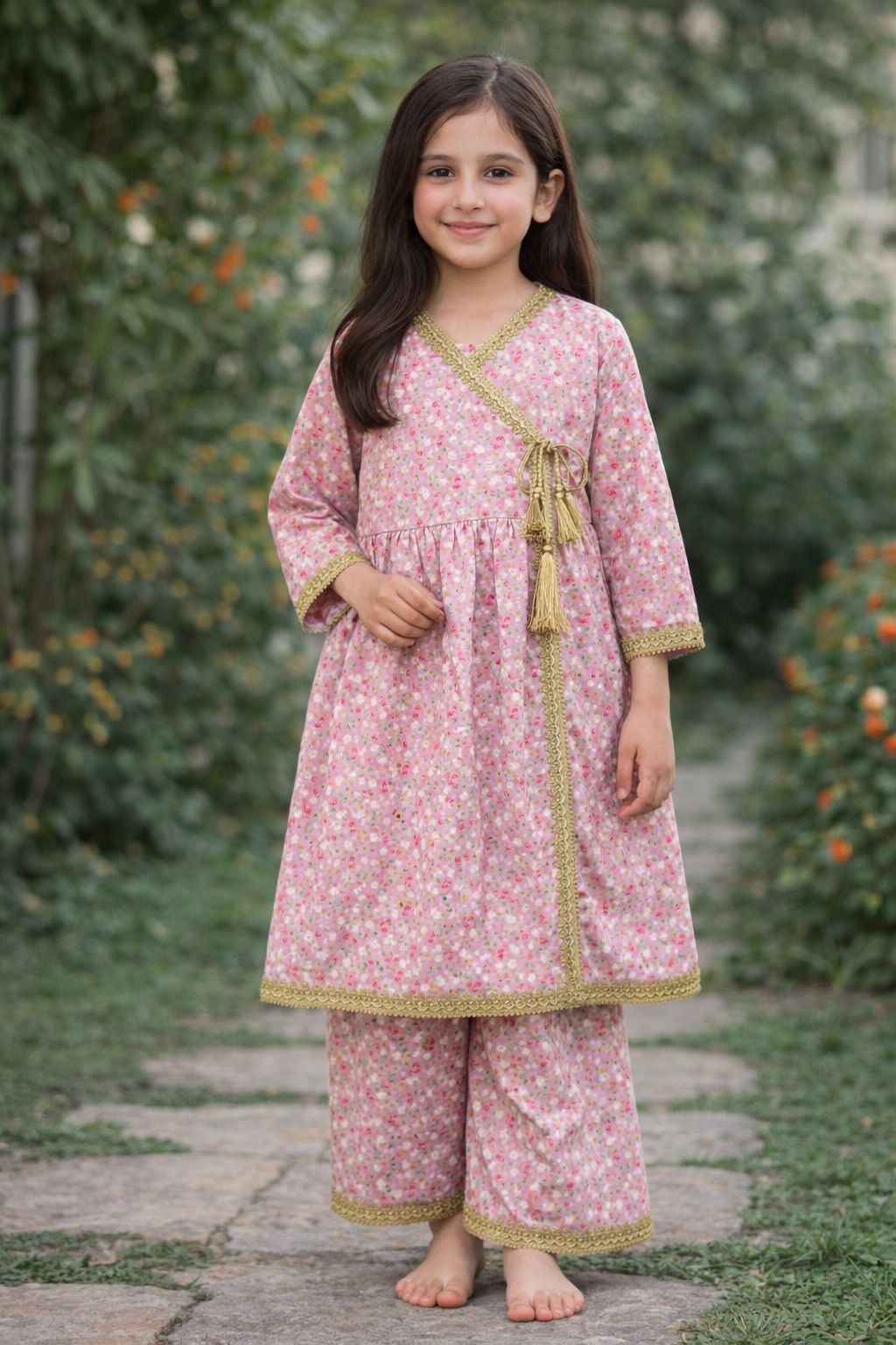 Angrakha Style Pink Floral Frock Suit - Gold Embroidery | Eid Collection