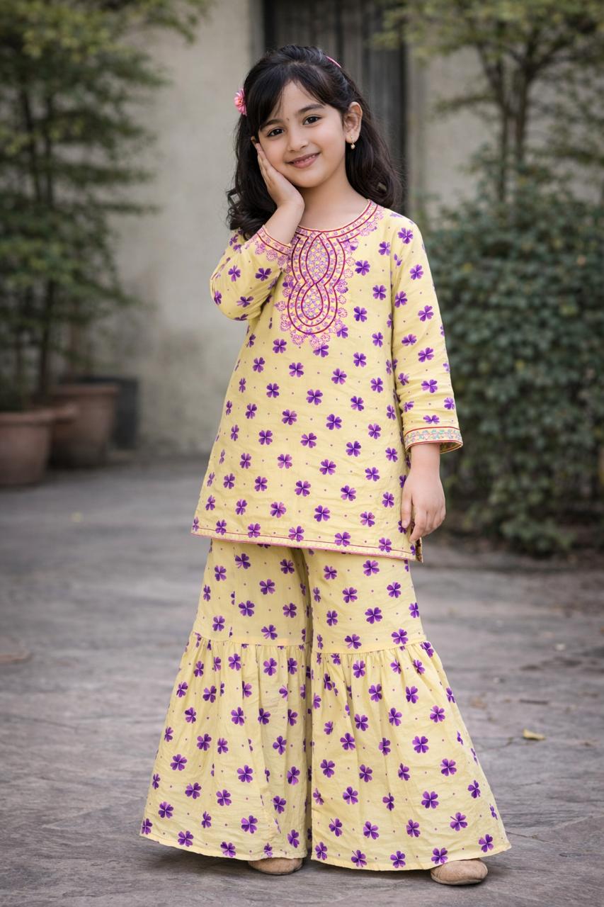 Yellow & Purple Floral Embroidered Kurti Sharara | Girls Eastern Wear
