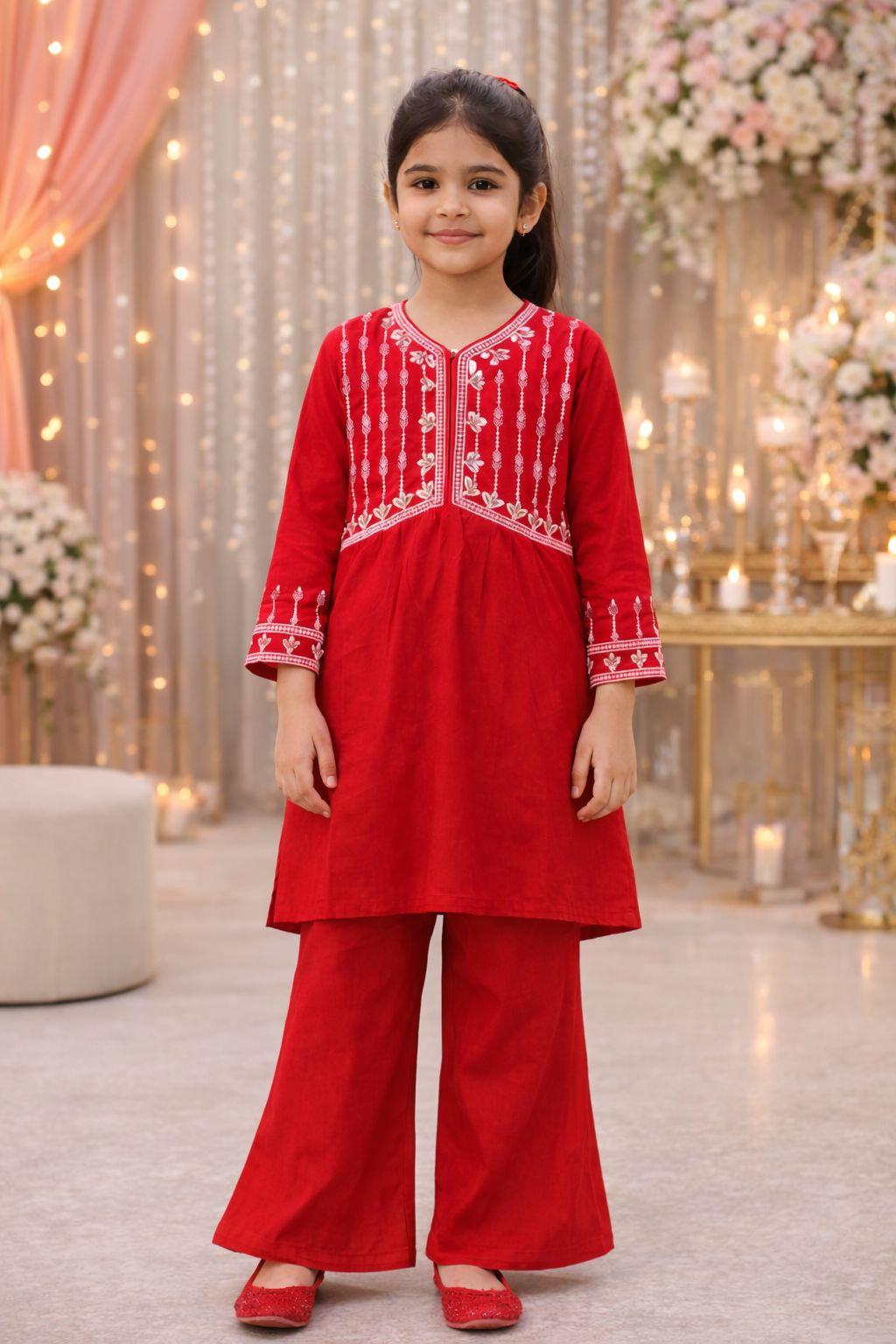 Red Embroidered Kurti Sharara Set | Girls Eastern Wear