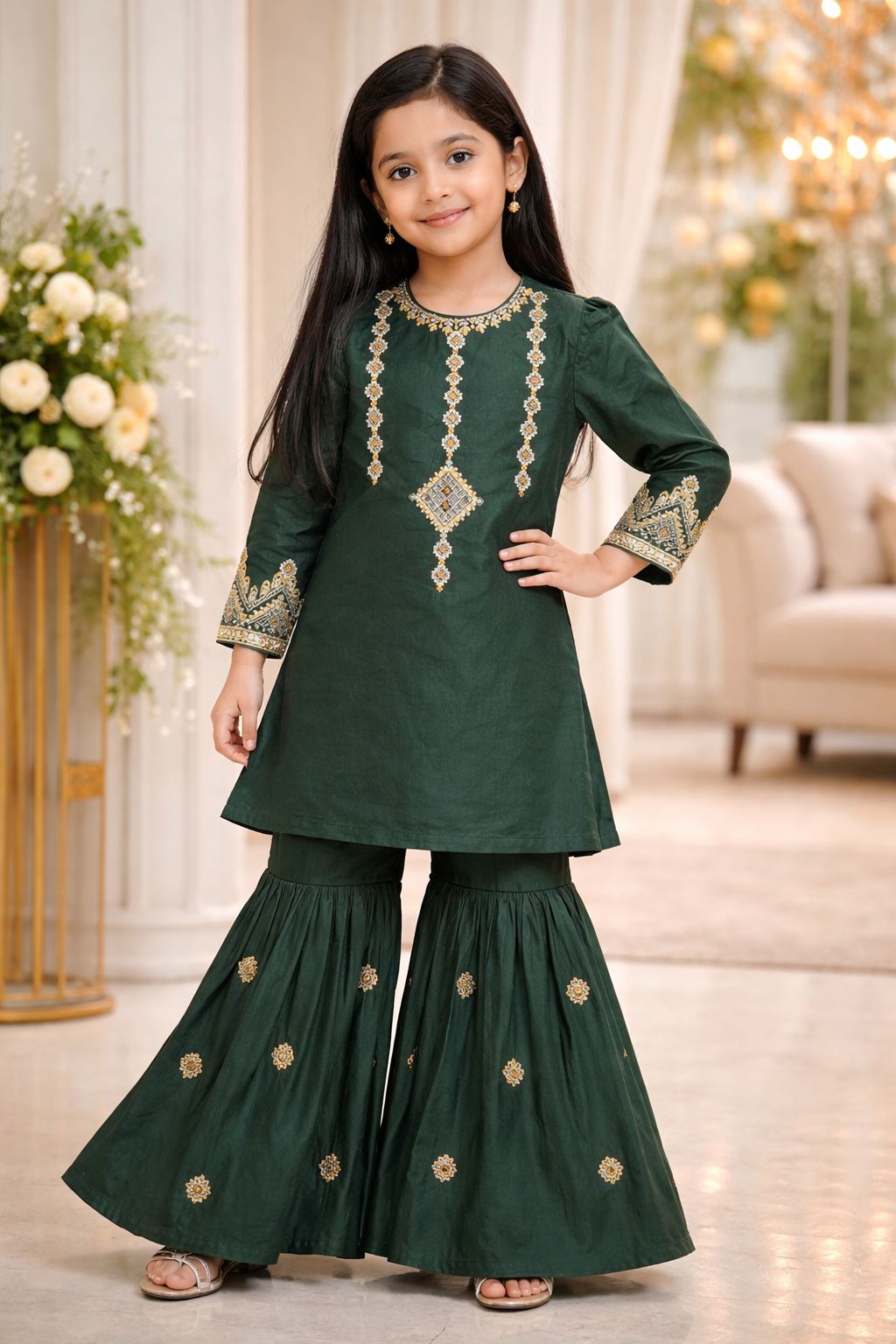 Emerald Green Embroidered Kurti Sharara Set | Girls Eastern Wear
