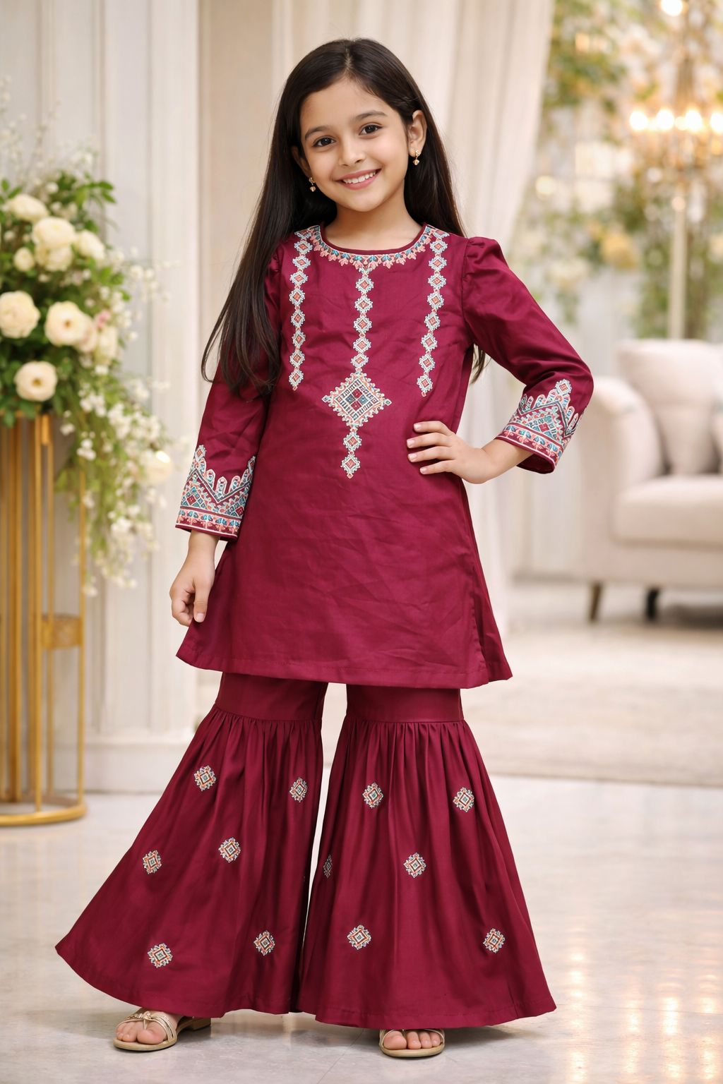 Maroon Embroidered Kurti Gharara Set | Girls Eastern Wear