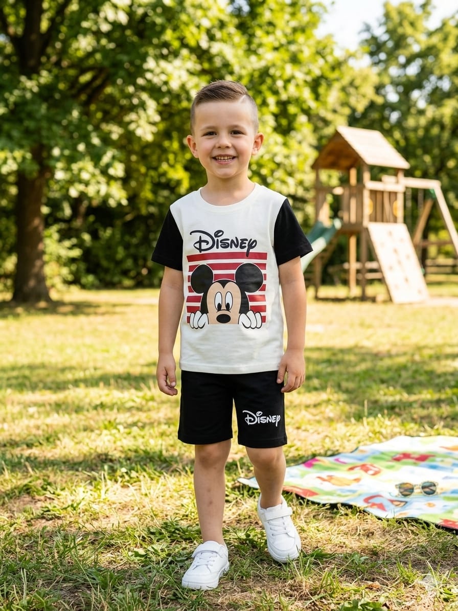 Mickey Mouse Disney Co-Ord Set | White & Black Graphic Tee & Shorts for Boys