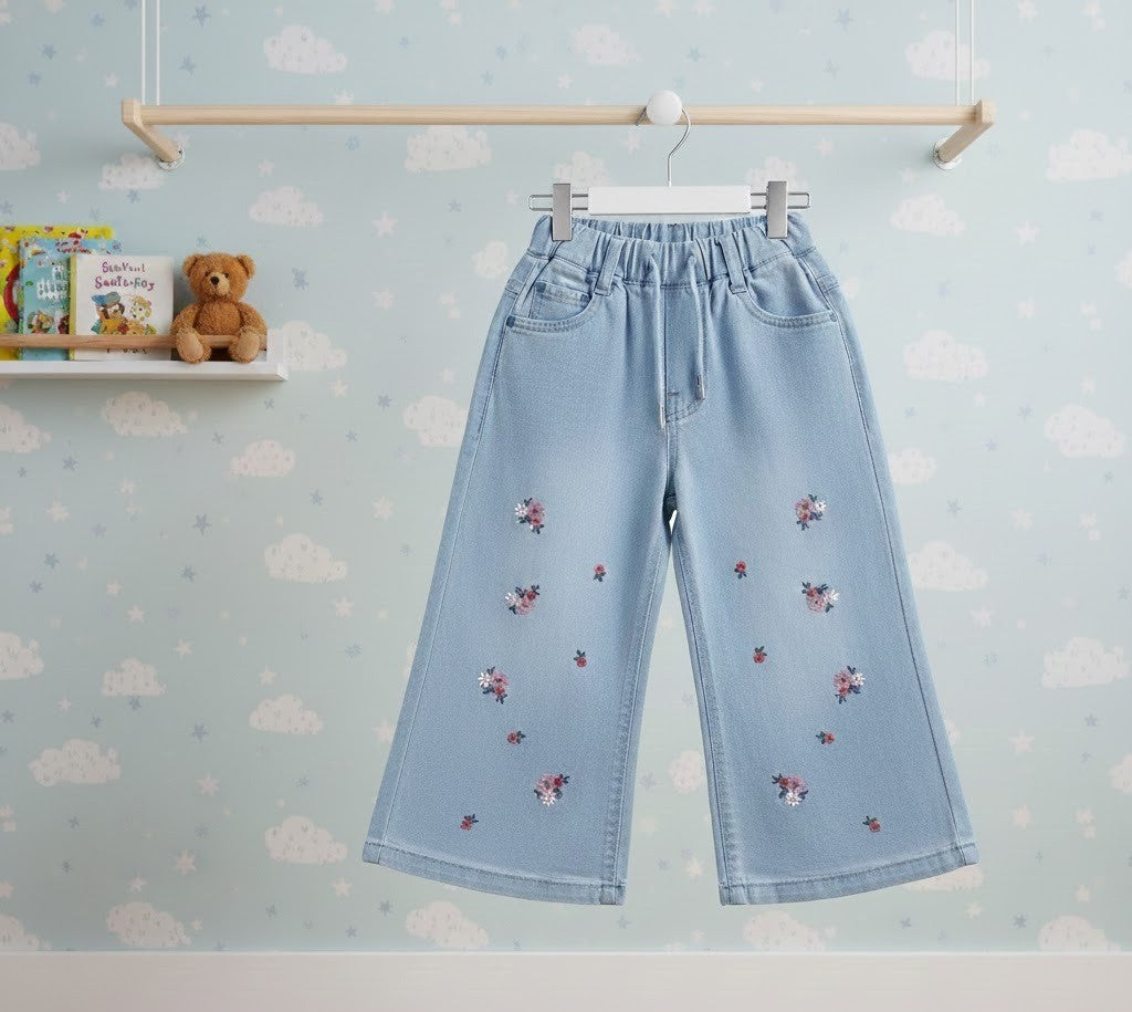 Light Blue Wide-Leg Girls Jeans - Pink Floral Embroidery & Drawstring