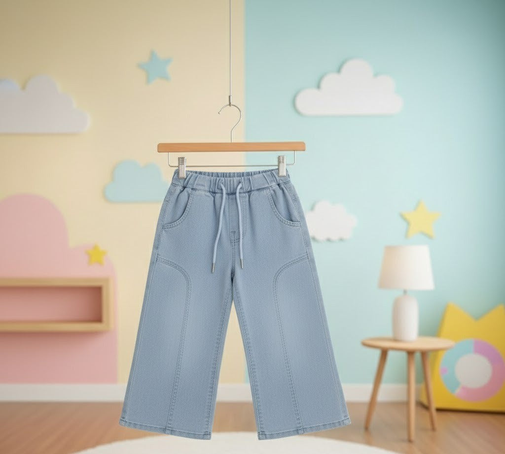 Light Blue Wide-Leg Girls Jeans - Elastic Waist with Drawstring