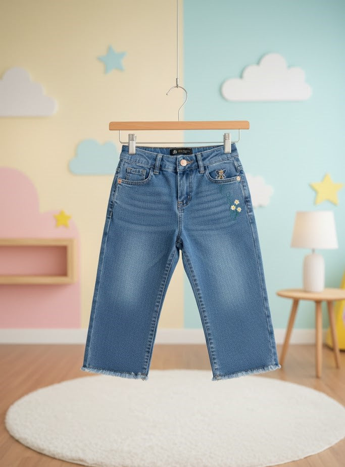 Kids Denim Jeans with Bee & Flower Embroidery - Frayed Hem