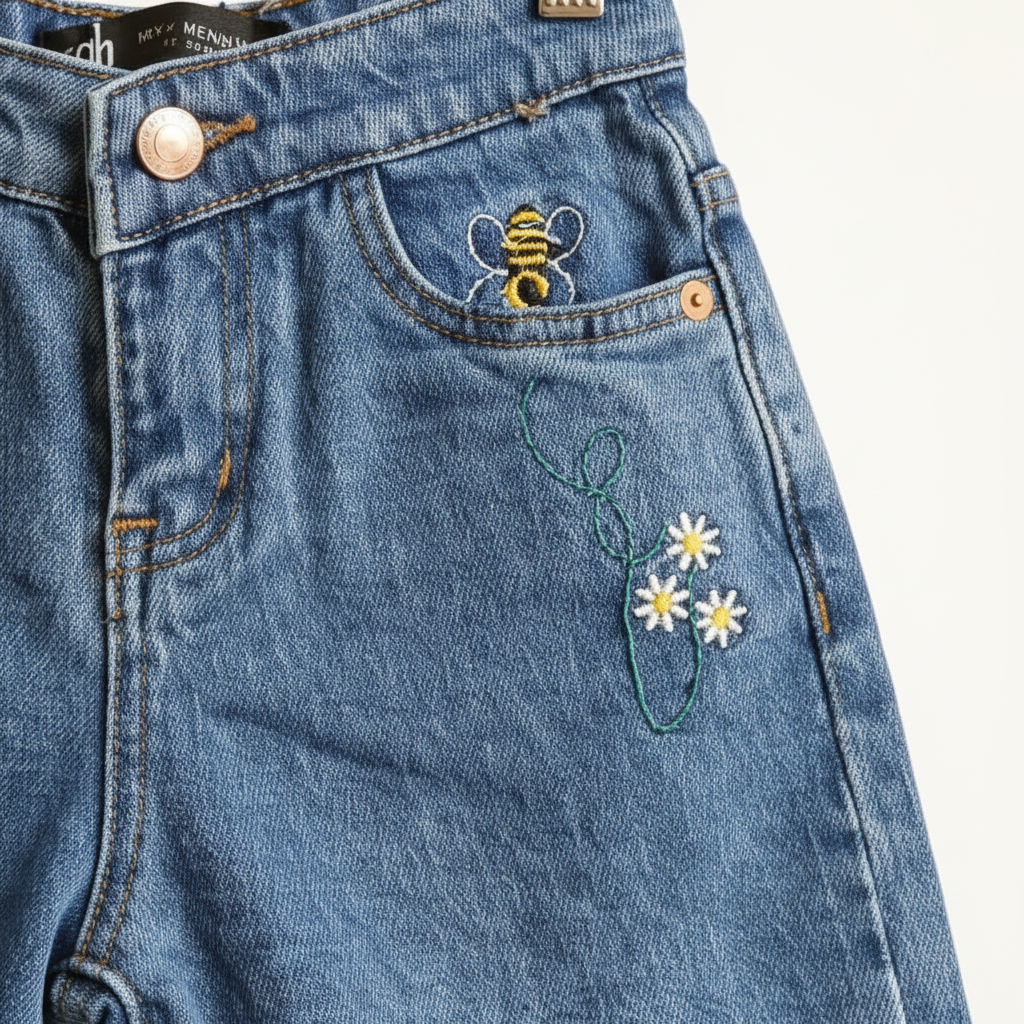 Kids Denim Jeans with Bee & Flower Embroidery - Frayed Hem