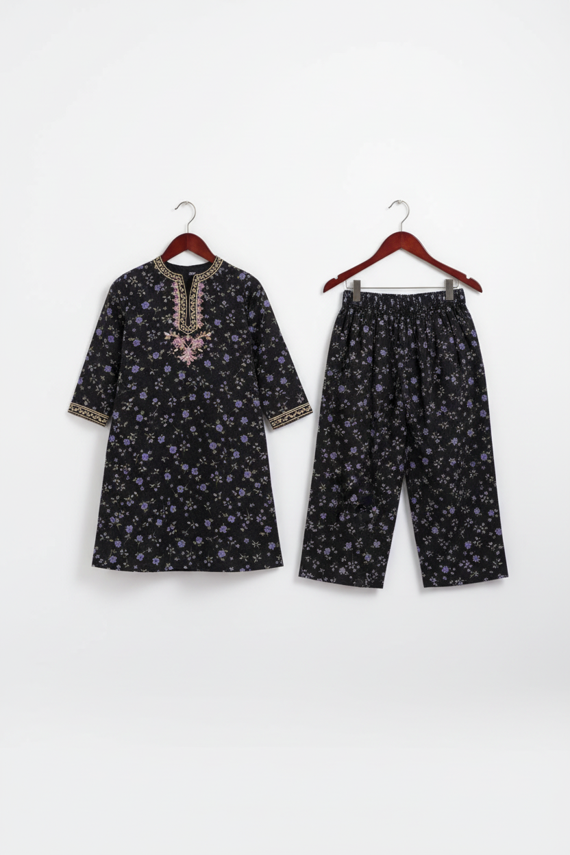 Black Floral Embroidered Lawn Suit for Girls | Eid Collection