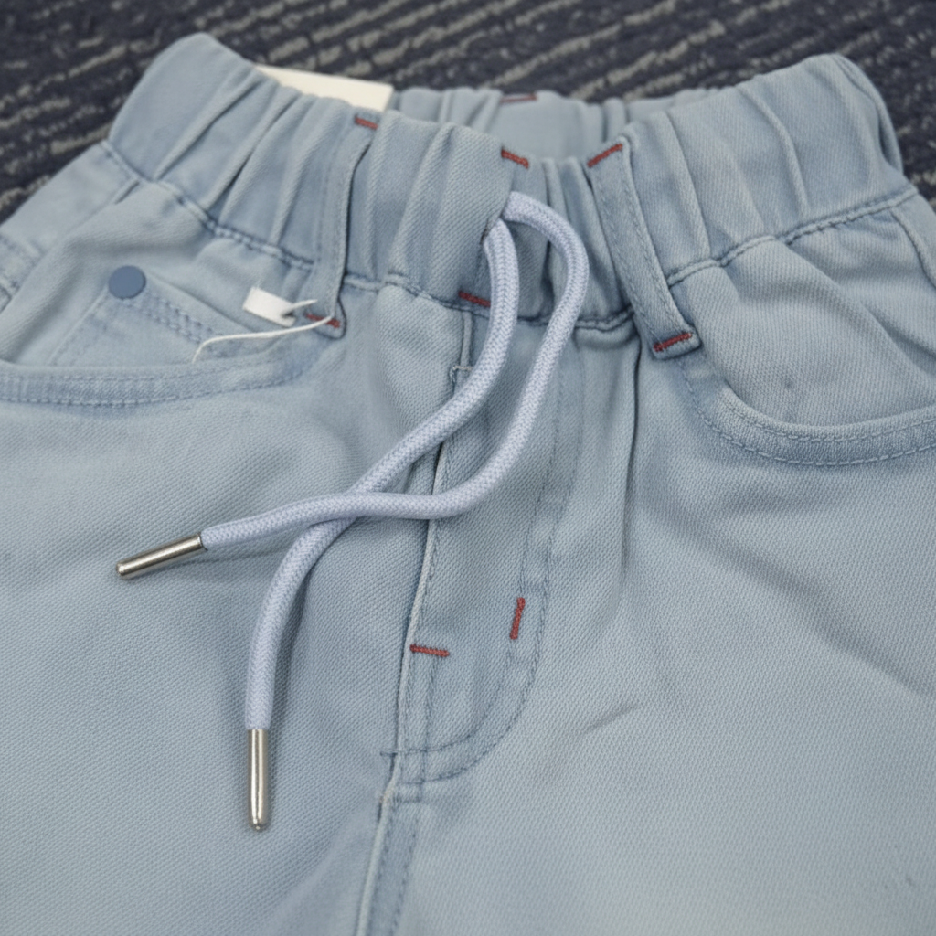 Light Blue Wide-Leg Girls Jeans - Pink Floral Embroidery & Drawstring