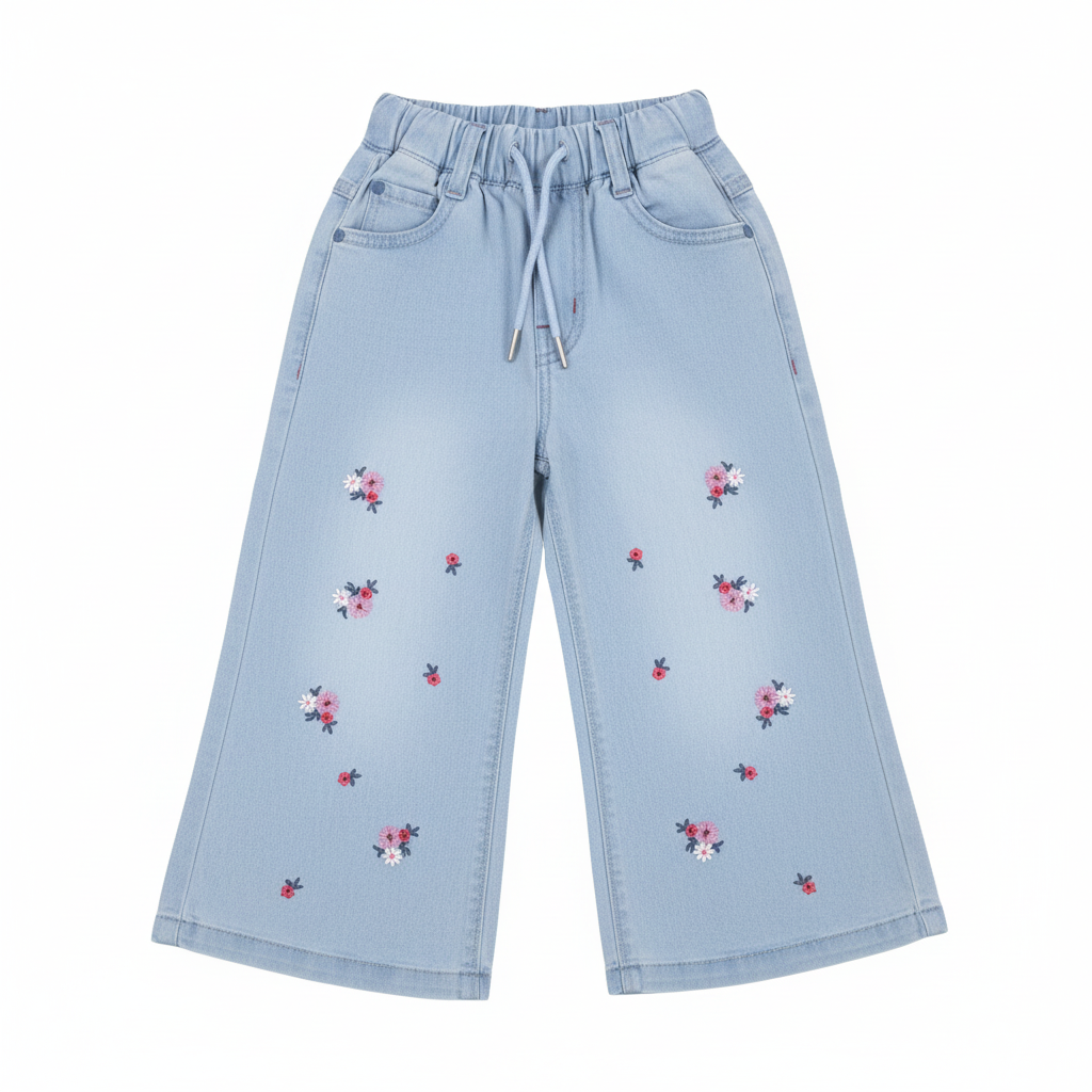 Light Blue Wide-Leg Girls Jeans - Pink Floral Embroidery & Drawstring
