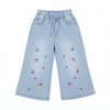 Light Blue Wide-Leg Girls Jeans - Pink Floral Embroidery & Drawstring