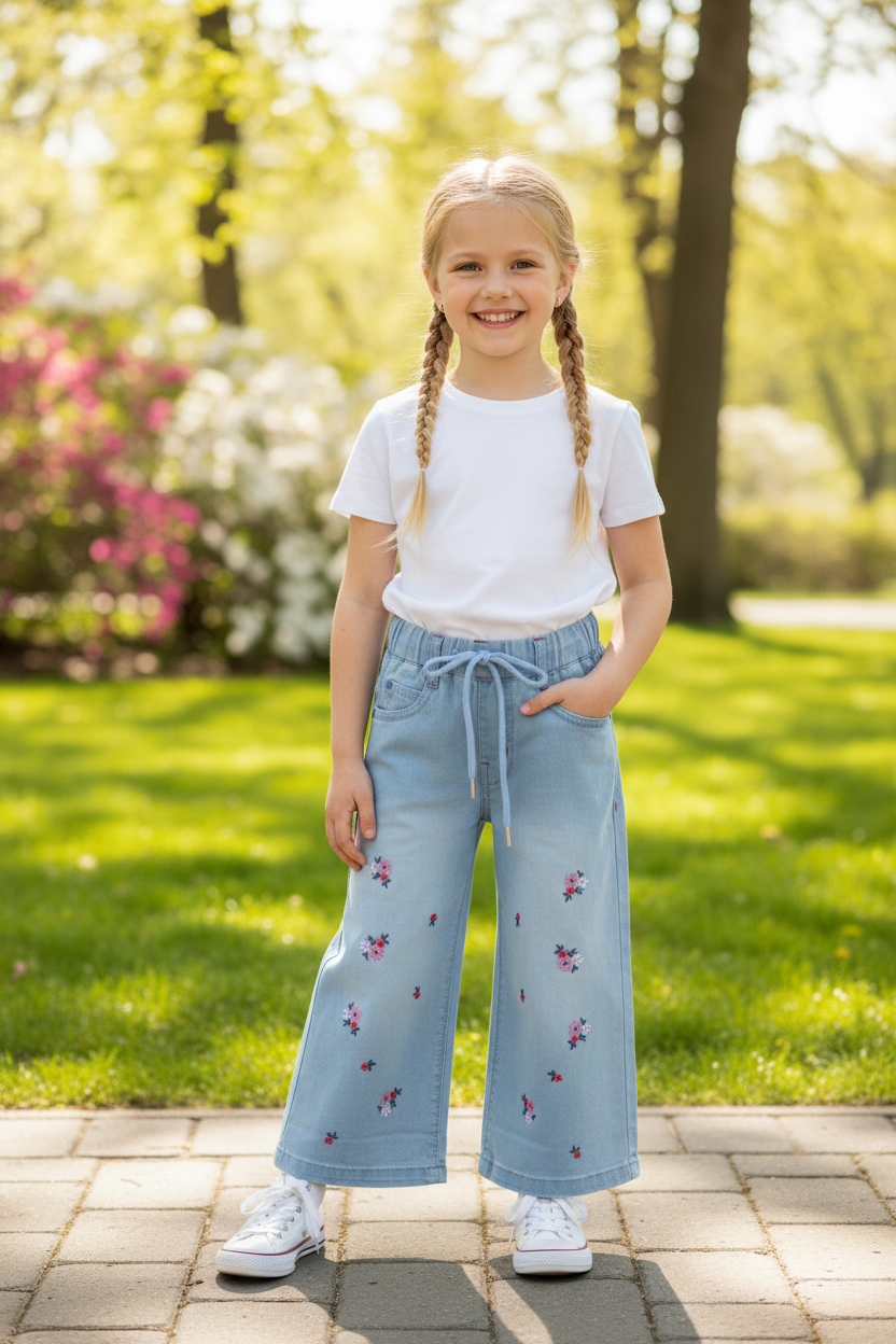 Light Blue Wide-Leg Girls Jeans - Pink Floral Embroidery & Drawstring