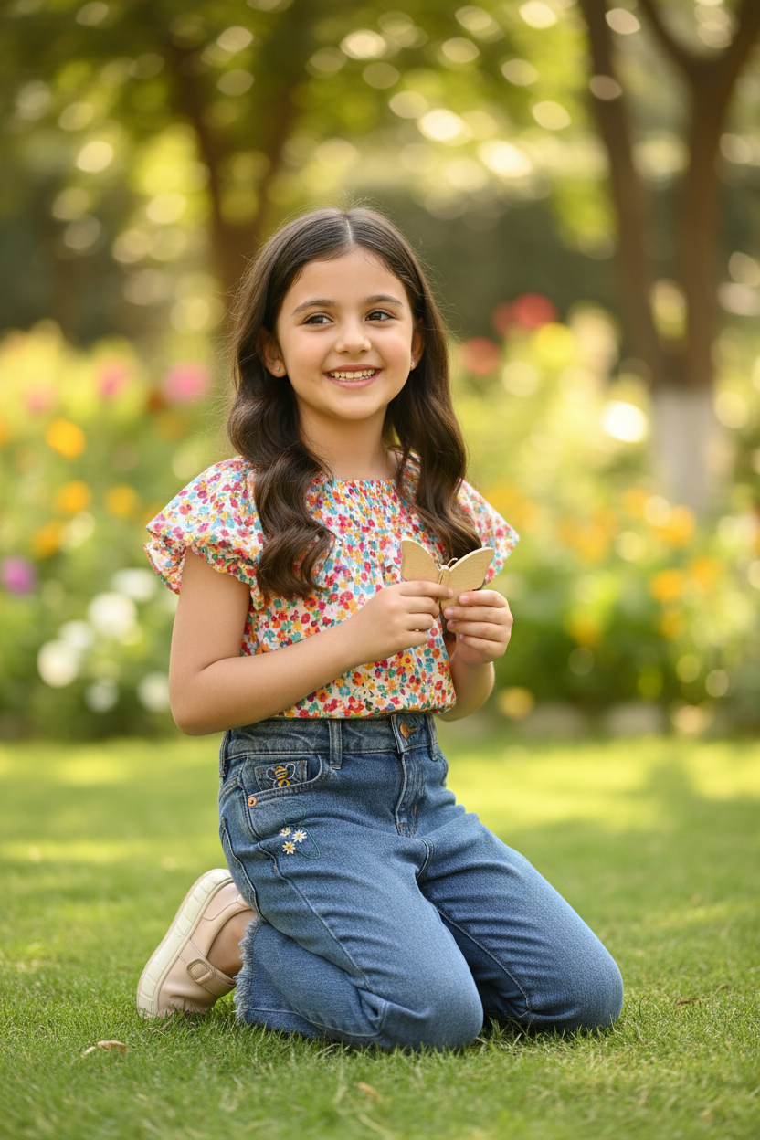 Kids Denim Jeans with Bee & Flower Embroidery - Frayed Hem