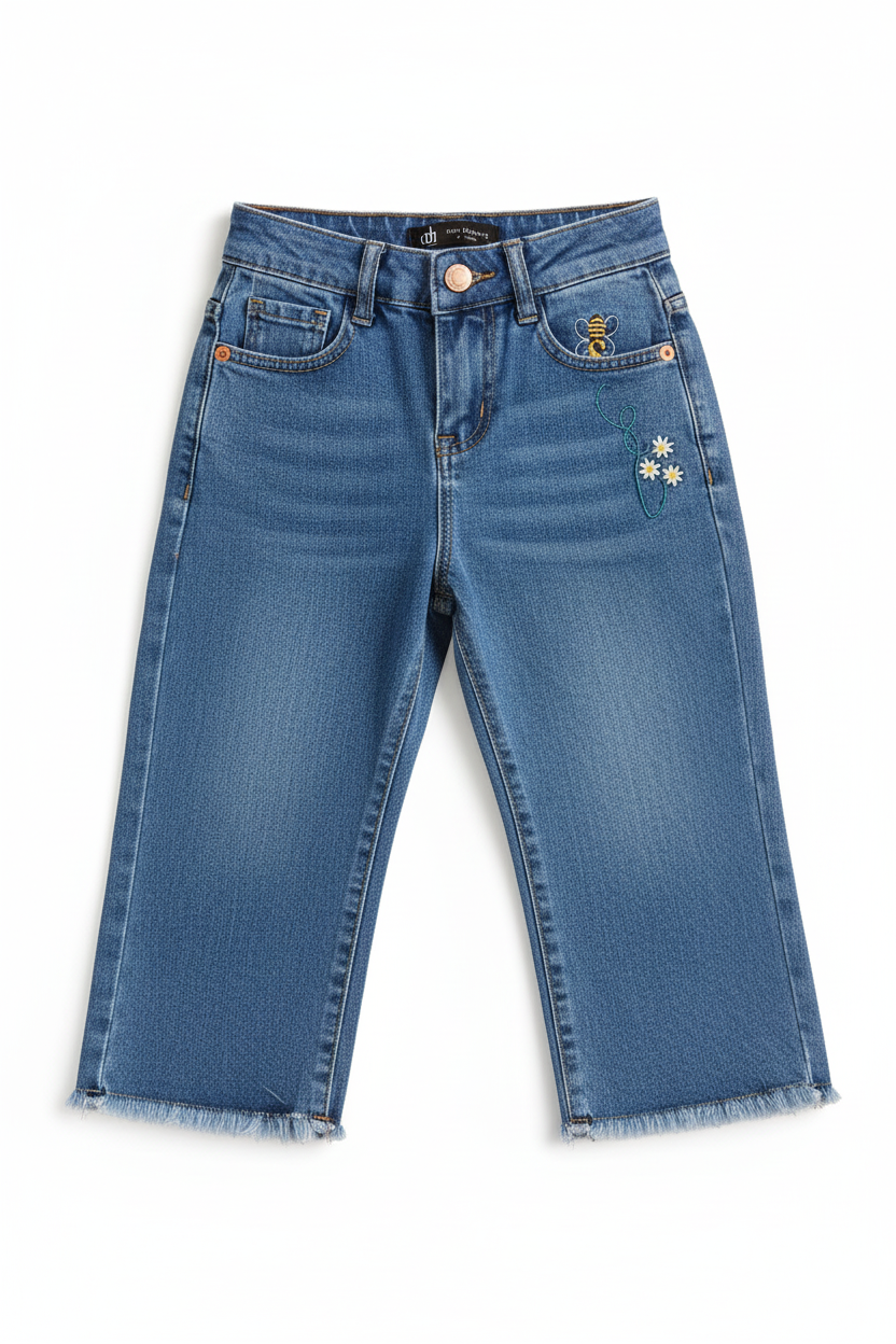 Kids Denim Jeans with Bee & Flower Embroidery - Frayed Hem