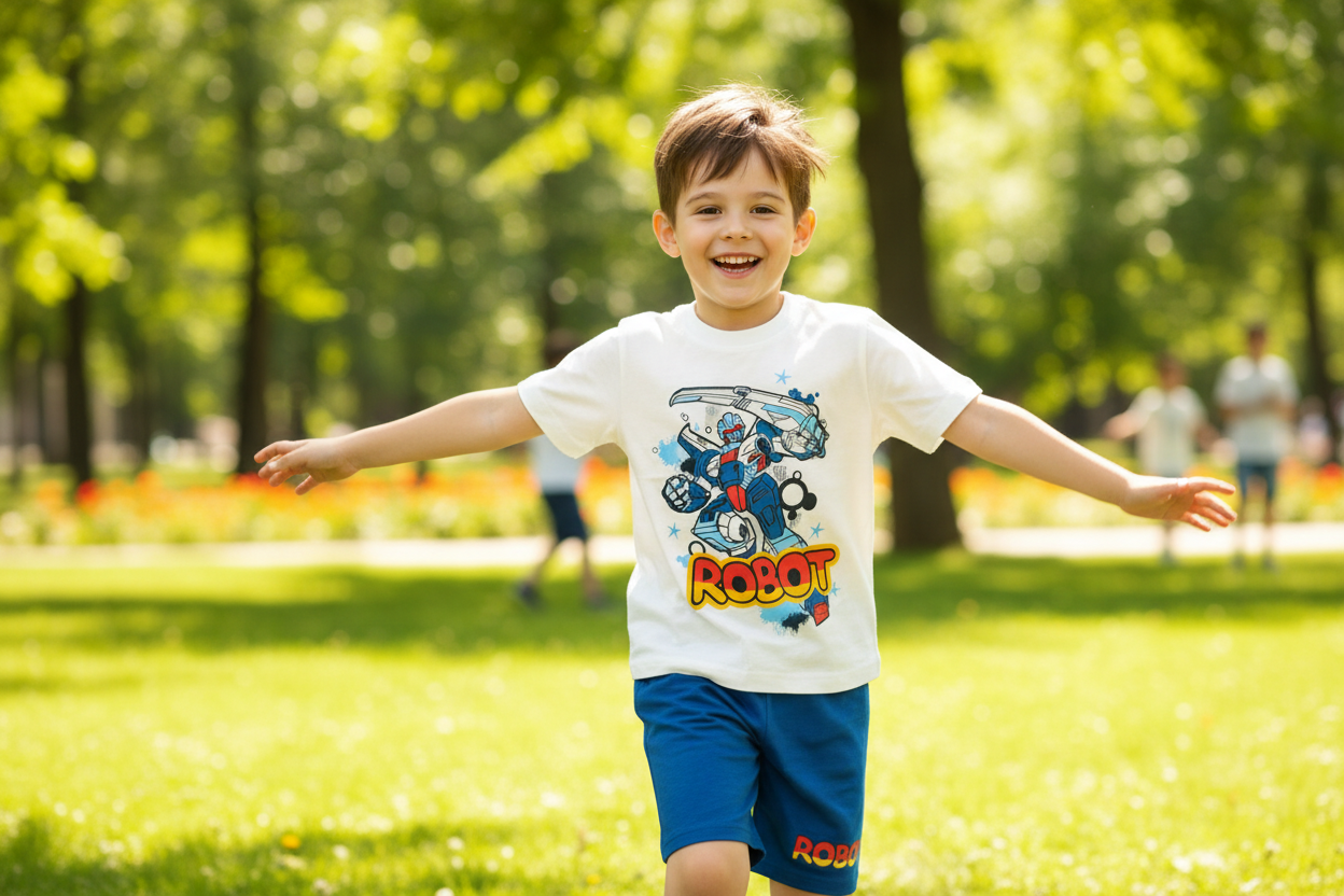 Boys Robot Print Casual Suit - White & Royal Blue T-Shirt & Shorts