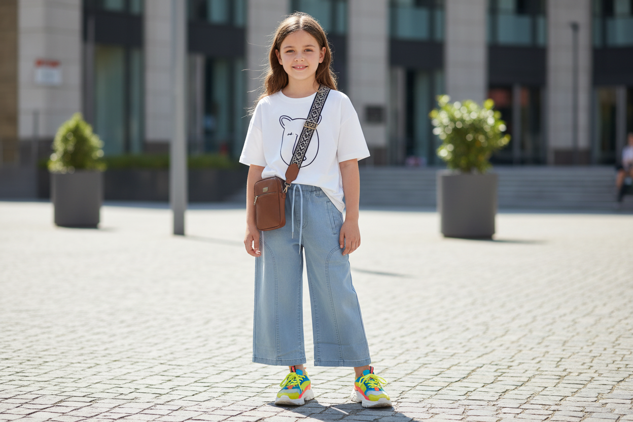 Light Blue Wide-Leg Girls Jeans - Elastic Waist with Drawstring